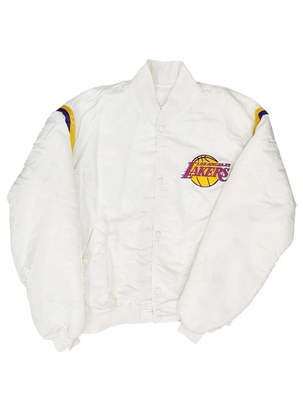 RARE VINTAGE 90s Los Angeles Lakers White Satin Jacket with Purple & Gold Logo